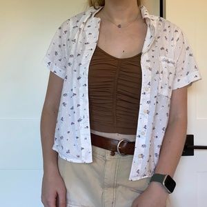 White floral cropped button up top, size small